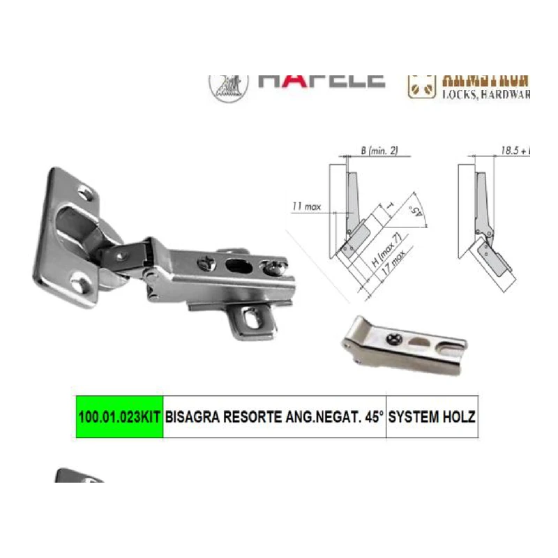 100,.01.023kit bisagra resorte ang negat. 45* system holz - Código SKU 100.01.022KIT
