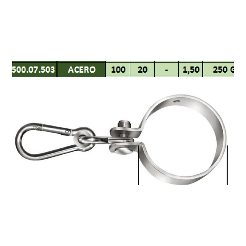 Abrazadera de suspensión para columpio y vigas redondas con mosquetón ø100mm - Código SKU 500.07.505