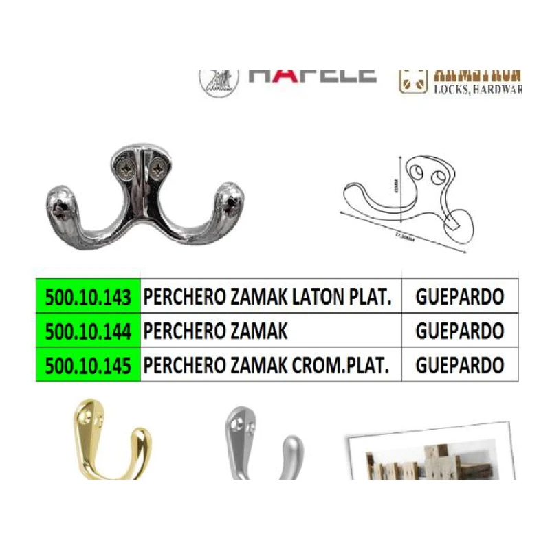 Perchero zamak laton plat - Código SKU 500.10.143