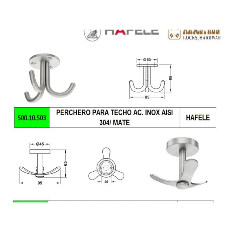 Perchero para techo ac. inox aisi - Código SKU 500.10.503