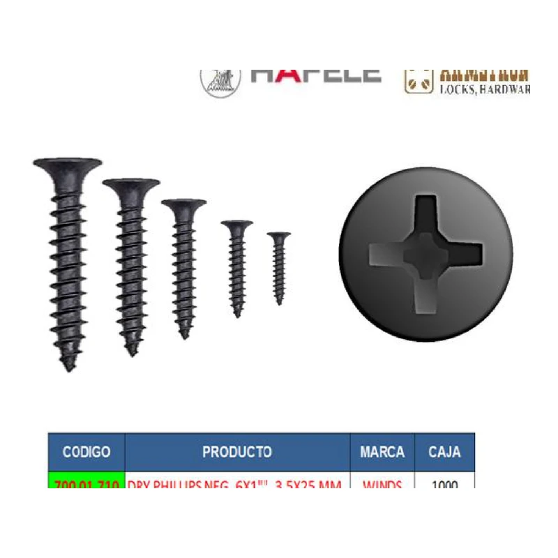 Tornillo drywall autorroscante cabeza trompeta fosfatado - Código SKU 700.01.760