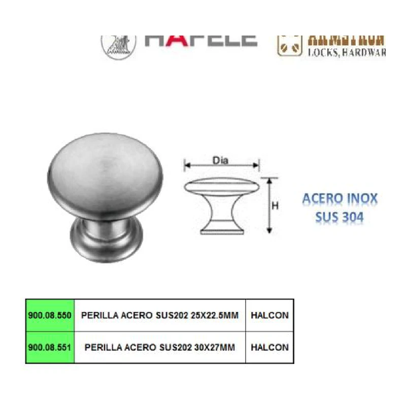 Perilla acero sus202 25x22 smm - Código SKU 900.08.551