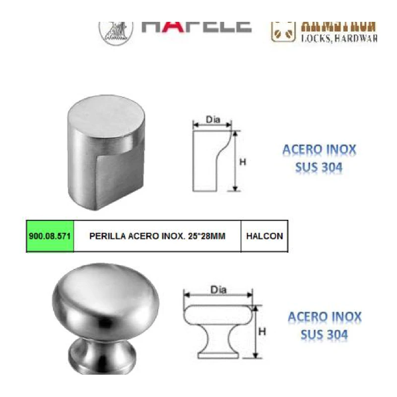 Perilla acero inox . 25*28mm - Código SKU 900.08.571