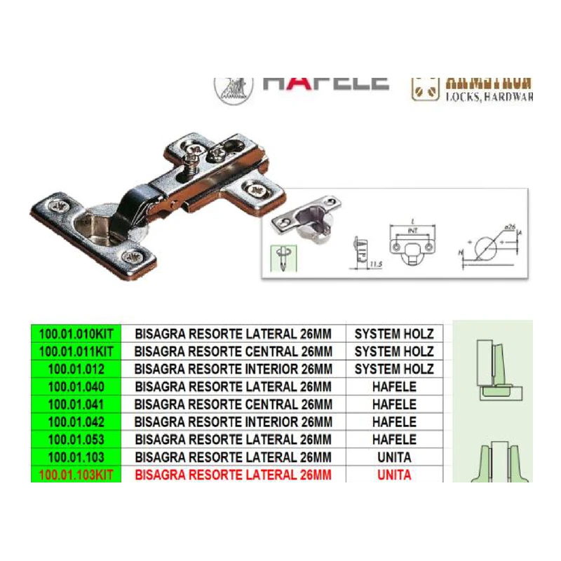 Bisagra resorte lateral 26mm - Código SKU 100.01.010KIT