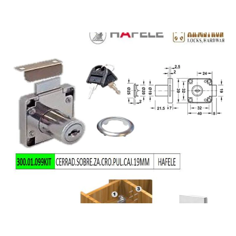 Cerradura maestra para cajon 22mm - Código SKU 300.01.099KIT