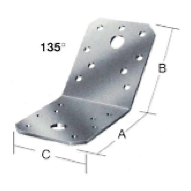 Escuadra angular de refuerzo a 135° en acero zincado para madera (50x50, 70x70, 90x90mm) - Código SKU 500.02.570
