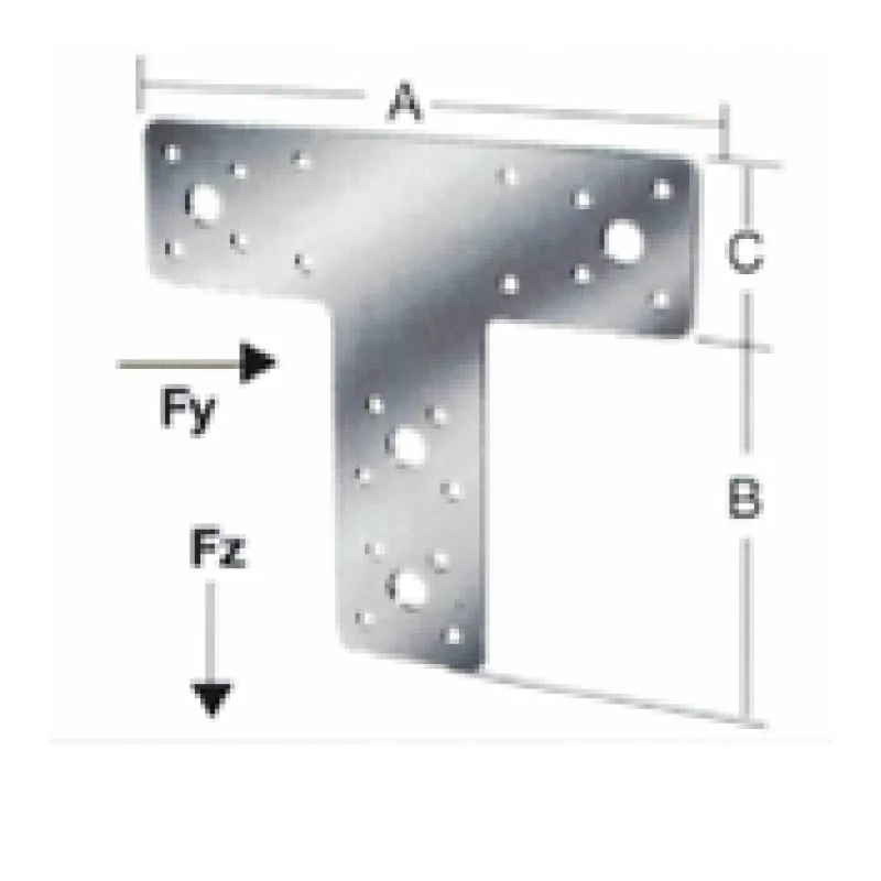 Placa conectora estructural en t multiperforada acero zincado para madera (80x106mm y 160x143mm) - Código SKU 500.02.530