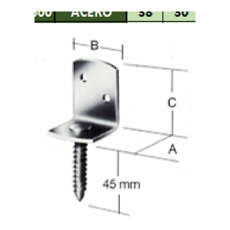 Escuadra angular con espiga roscada para madera 35x30x40mm rosca 45mm acero bicromatizado - Código SKU 500.02.601