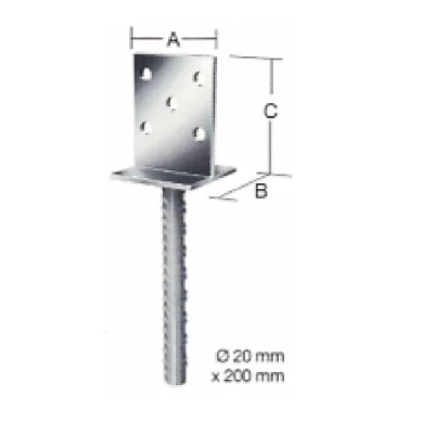 Base pie de pilar en t con pletina de asiento para empotrar en hormigón ø 20x200mm acero galvanizado 80x80x100mm esp. 5.0mm - SKU 500.02.702