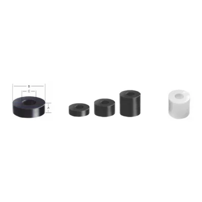 Separadores cilíndricos espaciadores en pvc para tornillos (ø ext. 20mm y 29mm, orificio ø 8.5mm) - Esquema de cotas y muestras blanco/negro