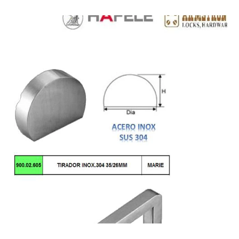 Tirador inox 304 35/26mm - Código SKU 900.02.605